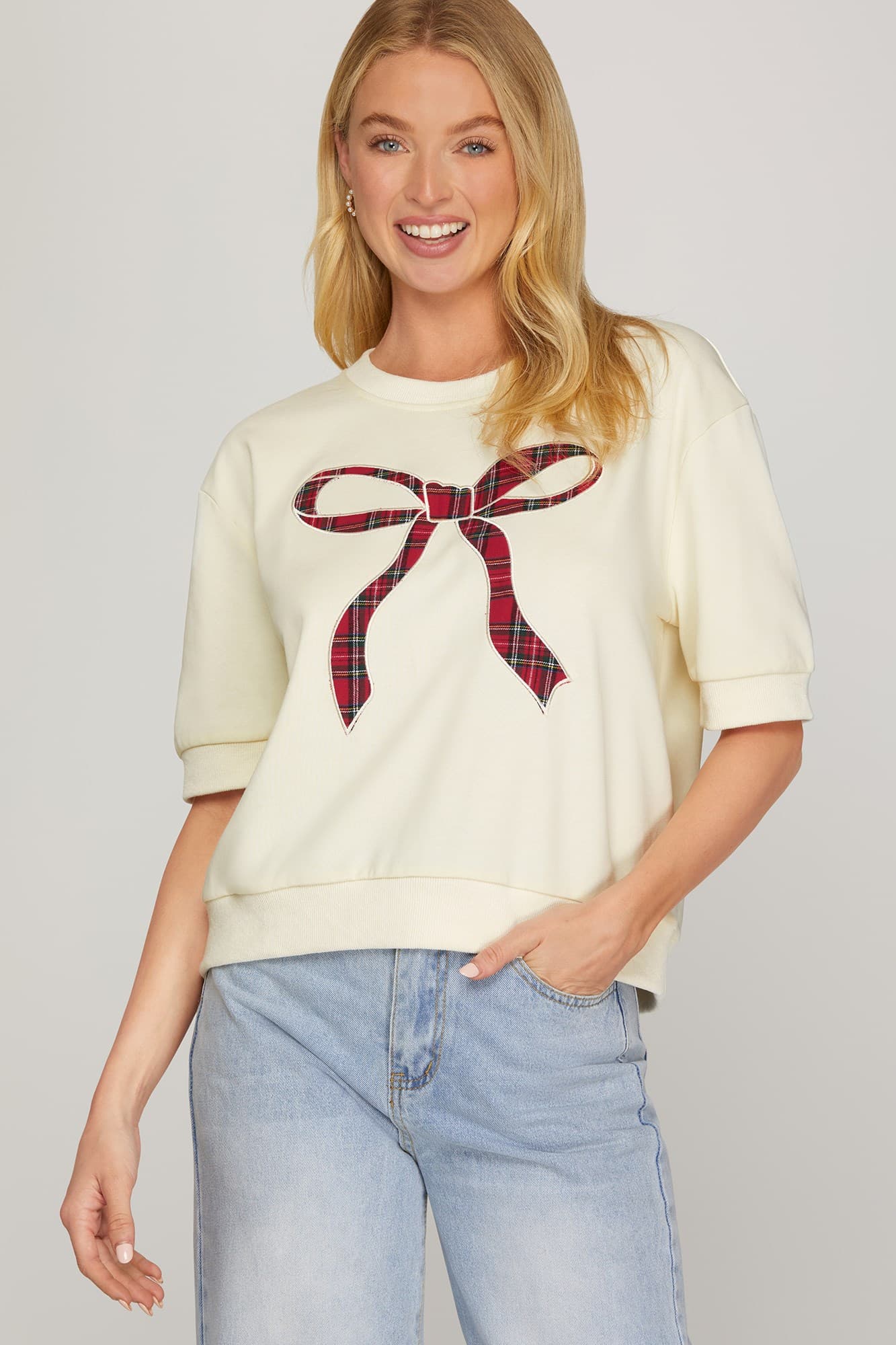 Plaid Bow Knit Top