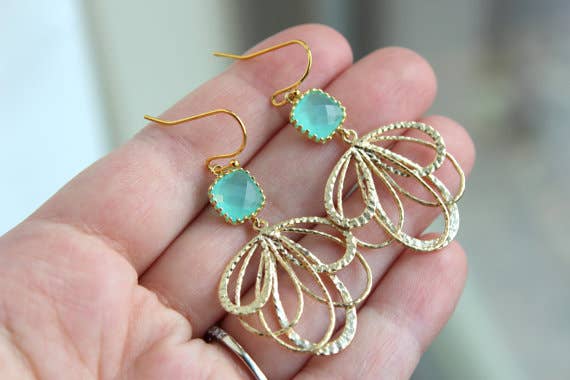 Gold Mint Feather Earrings