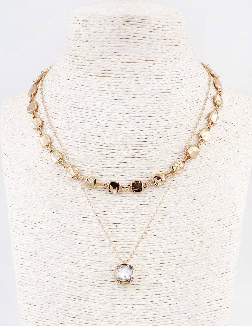 Two Layered Hammered Square with Clear Crystal Drop 16"-18" Necklace