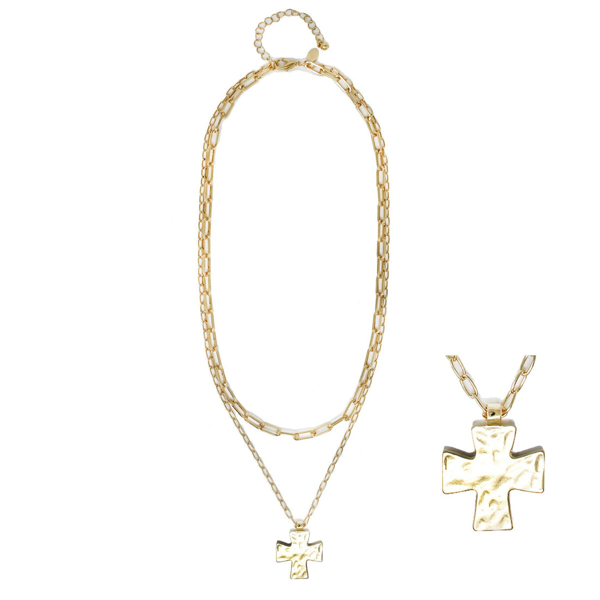 Gold Layered Chain with Hammered Cross Charm 16"-18" Necklace