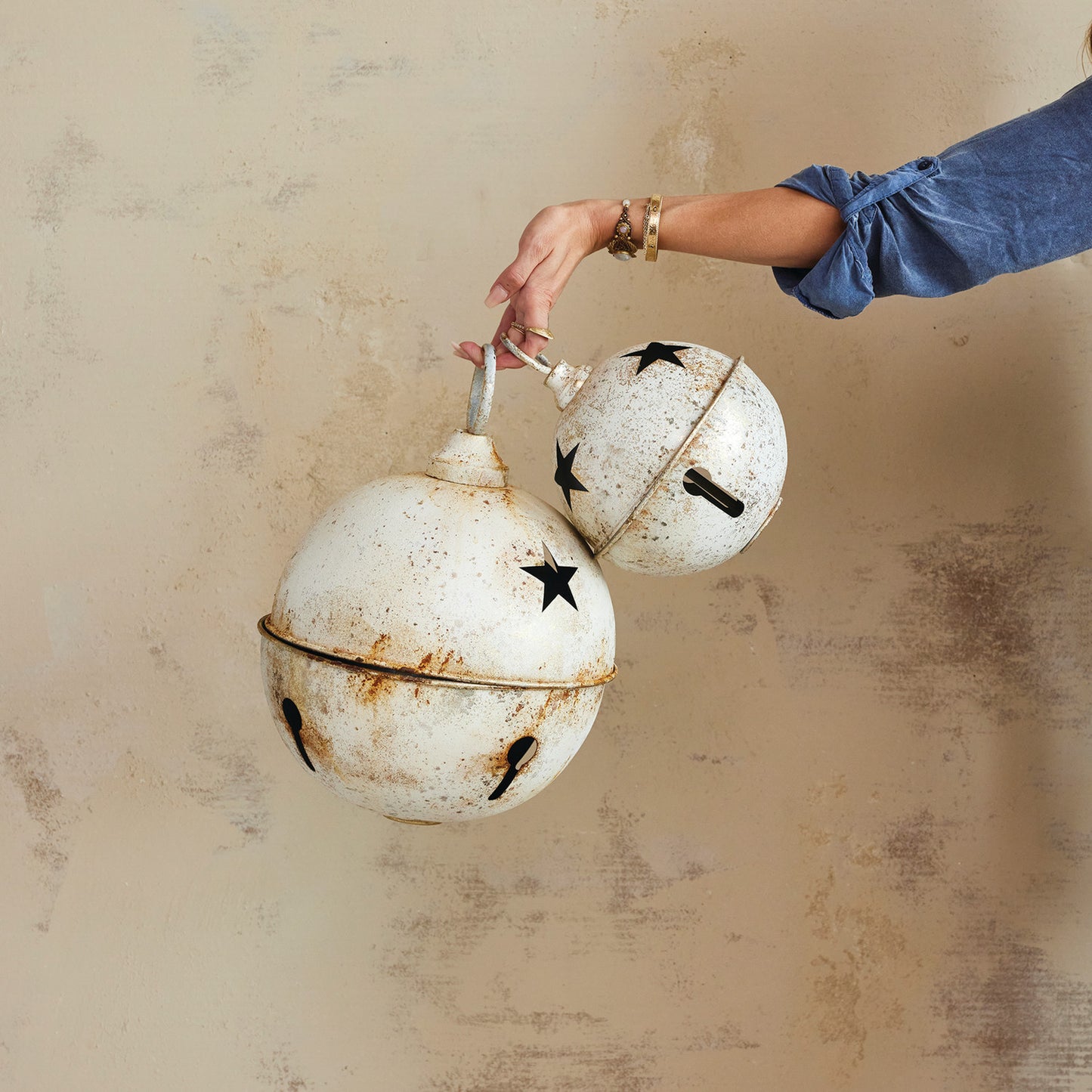 Metal Bell Ornament with Star Cut-Outs | Distressed Finish