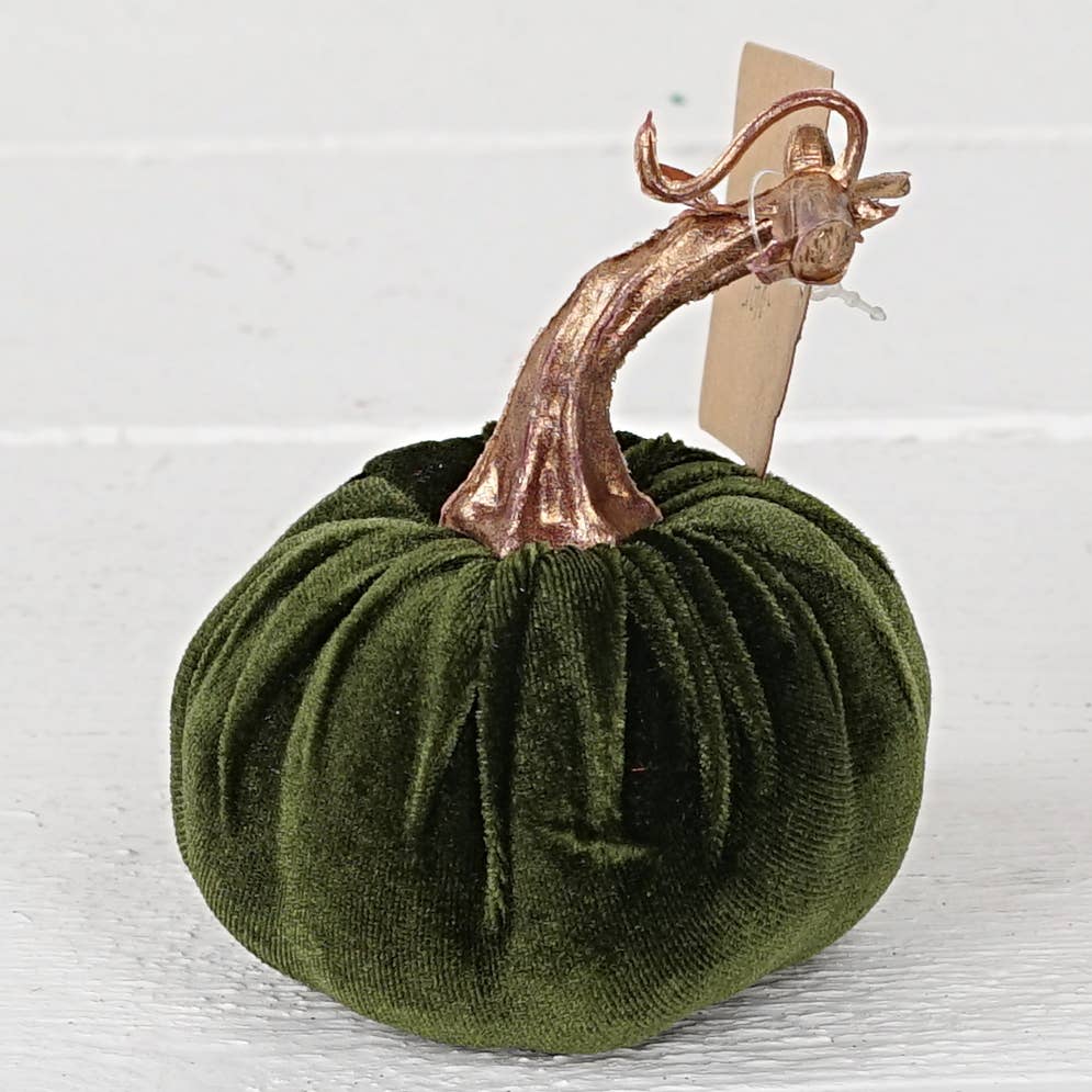 4in Velvet Pumpkin w. Golden Stem-Green