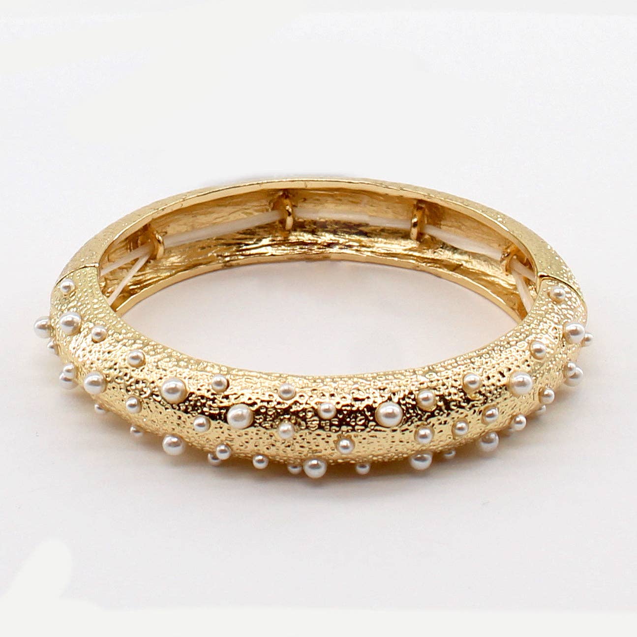 Textured Gold Stretch Bracelet with Small Pearl Accents