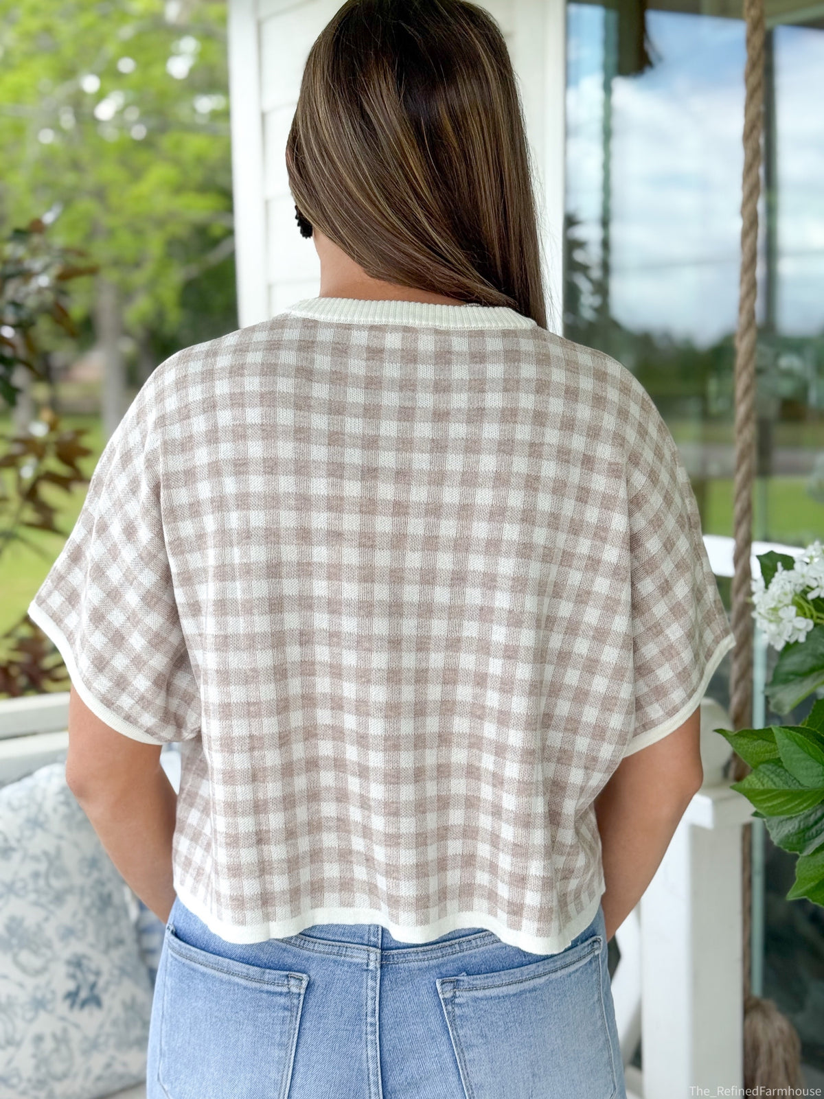 Oatmeal Gingham Knit Top