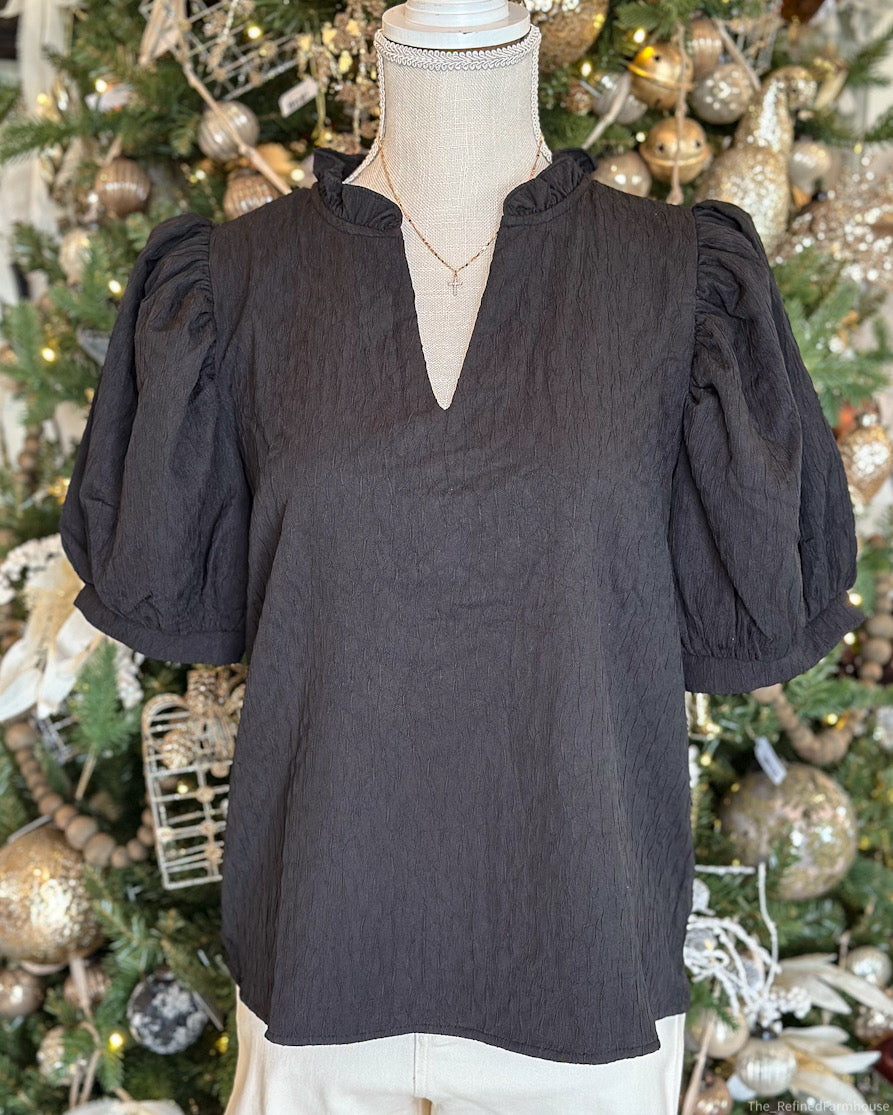 Black Ruffle Sleeve Scallop Neck Dress