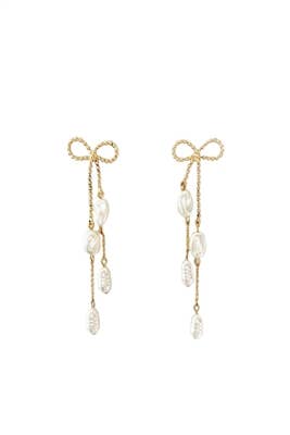 Gold Bow with Freshwater Pearls Drop 2" Earring