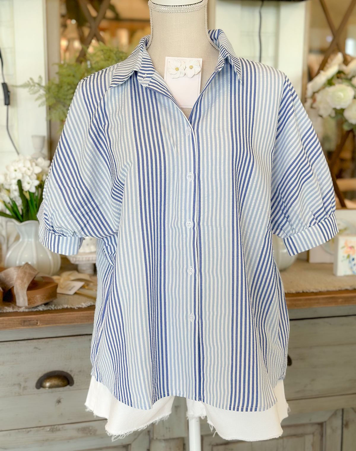 Blue/Denim Striped Collared 1/2 Dolman Sleeves Top-Curvy