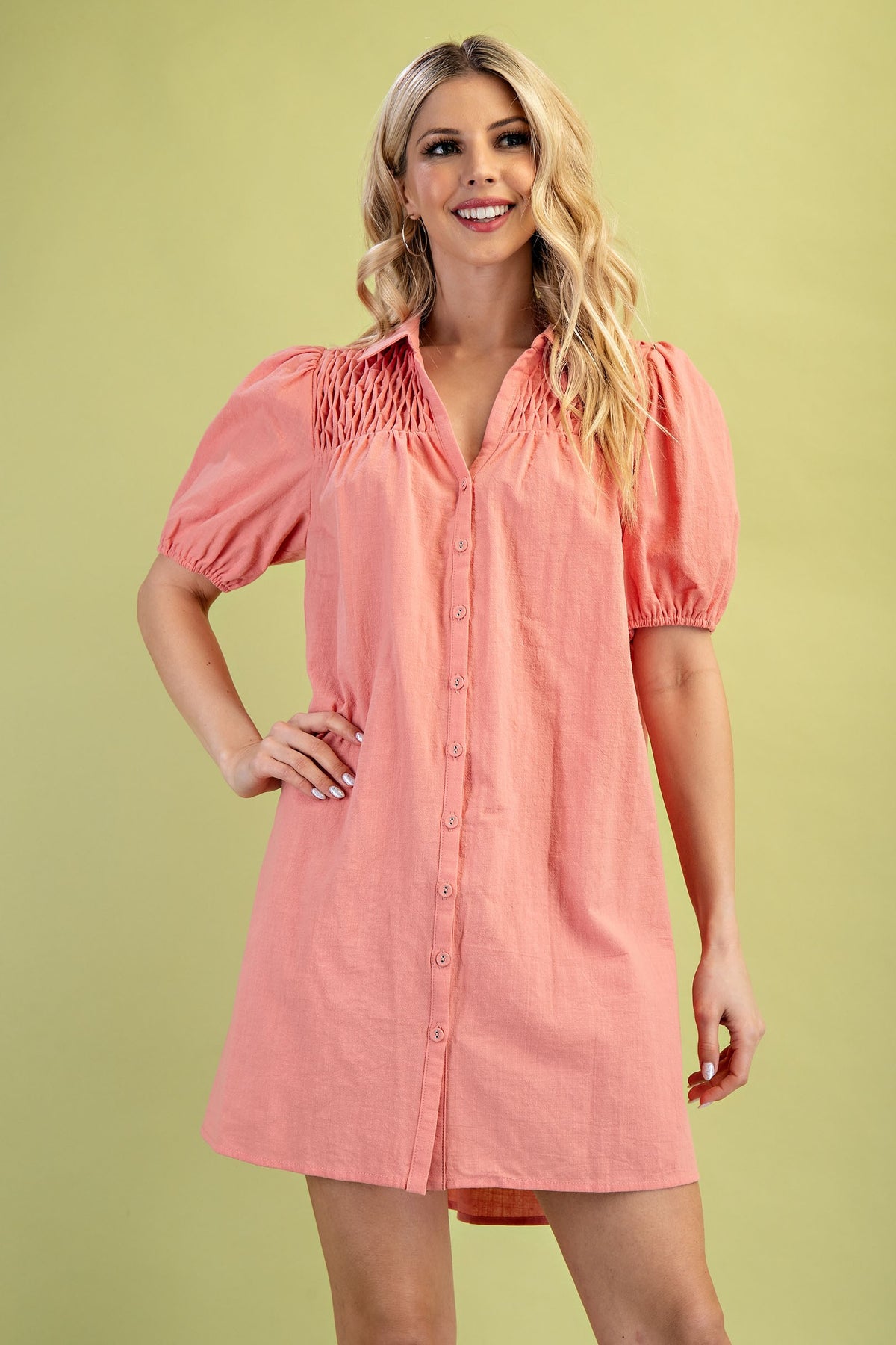 Salmon Short Puff Sleeve Shirt Dress