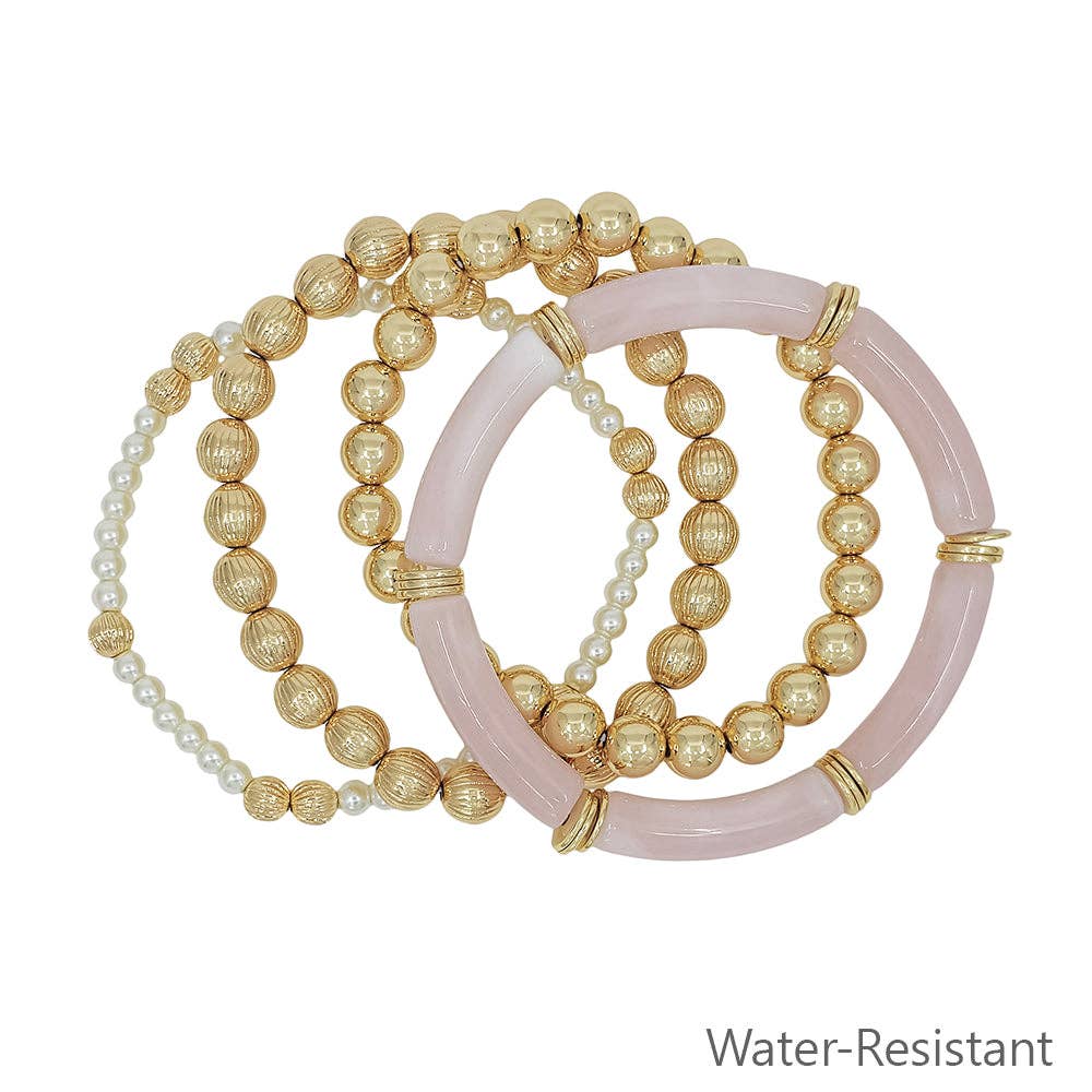Water Resistant Set of 4 Pink Resin with Gold and Pearl Beaded Stretch Bracelets