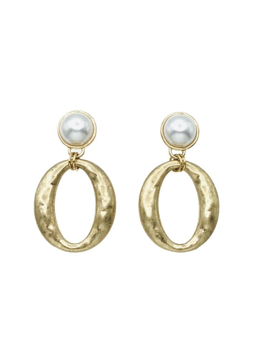 Pearl Stud with Hammered Gold 2" Oval Earring