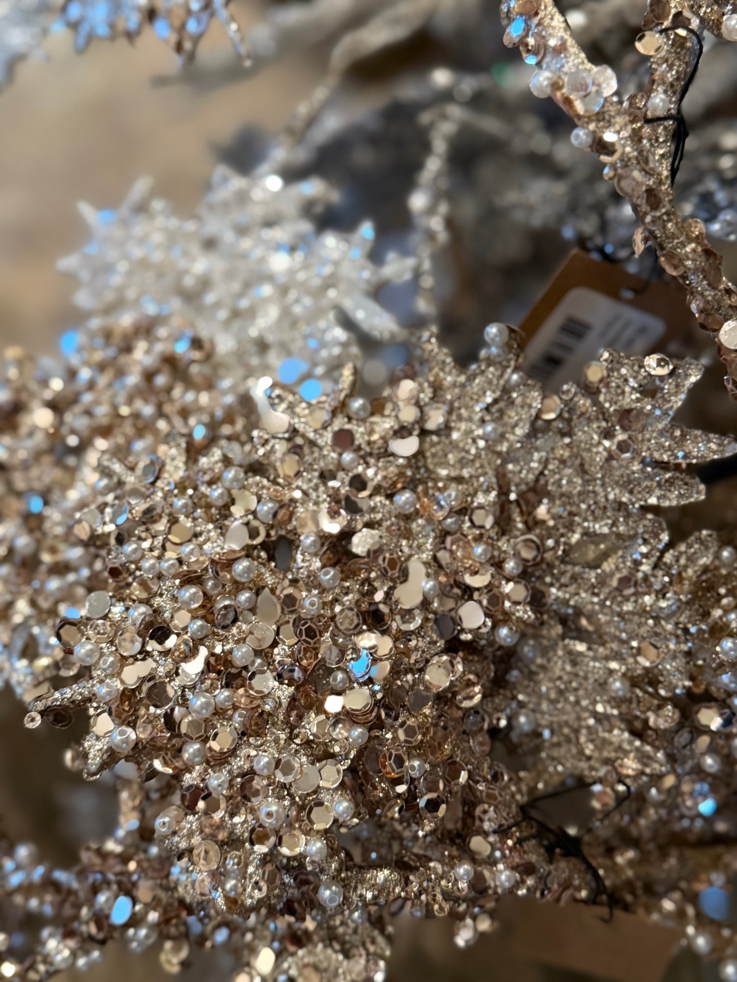 Snowflake Stem with Glitter & Faux Pearls, Champagne Finish | 24"H