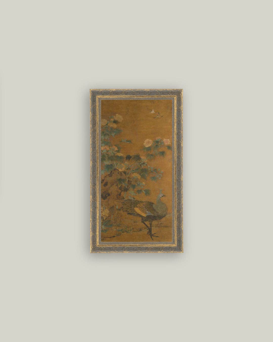 Peacock and Hollyhocks Framed Antique Art: 5x7