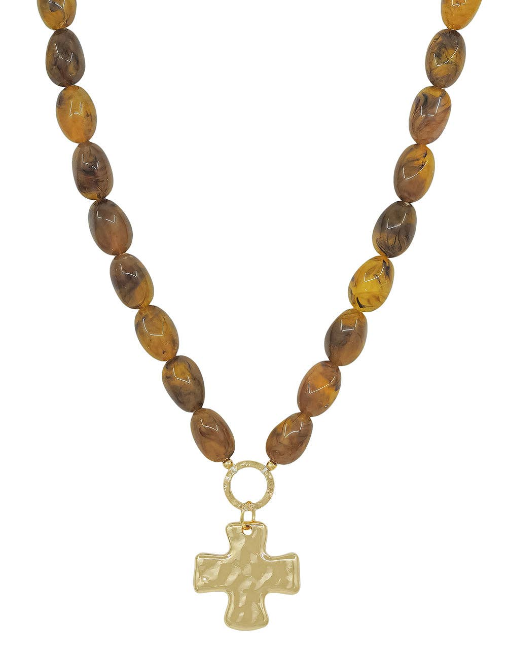 Tortoise Resin Oval Beaded with Hammered Gold Cross 16"-18" Necklace