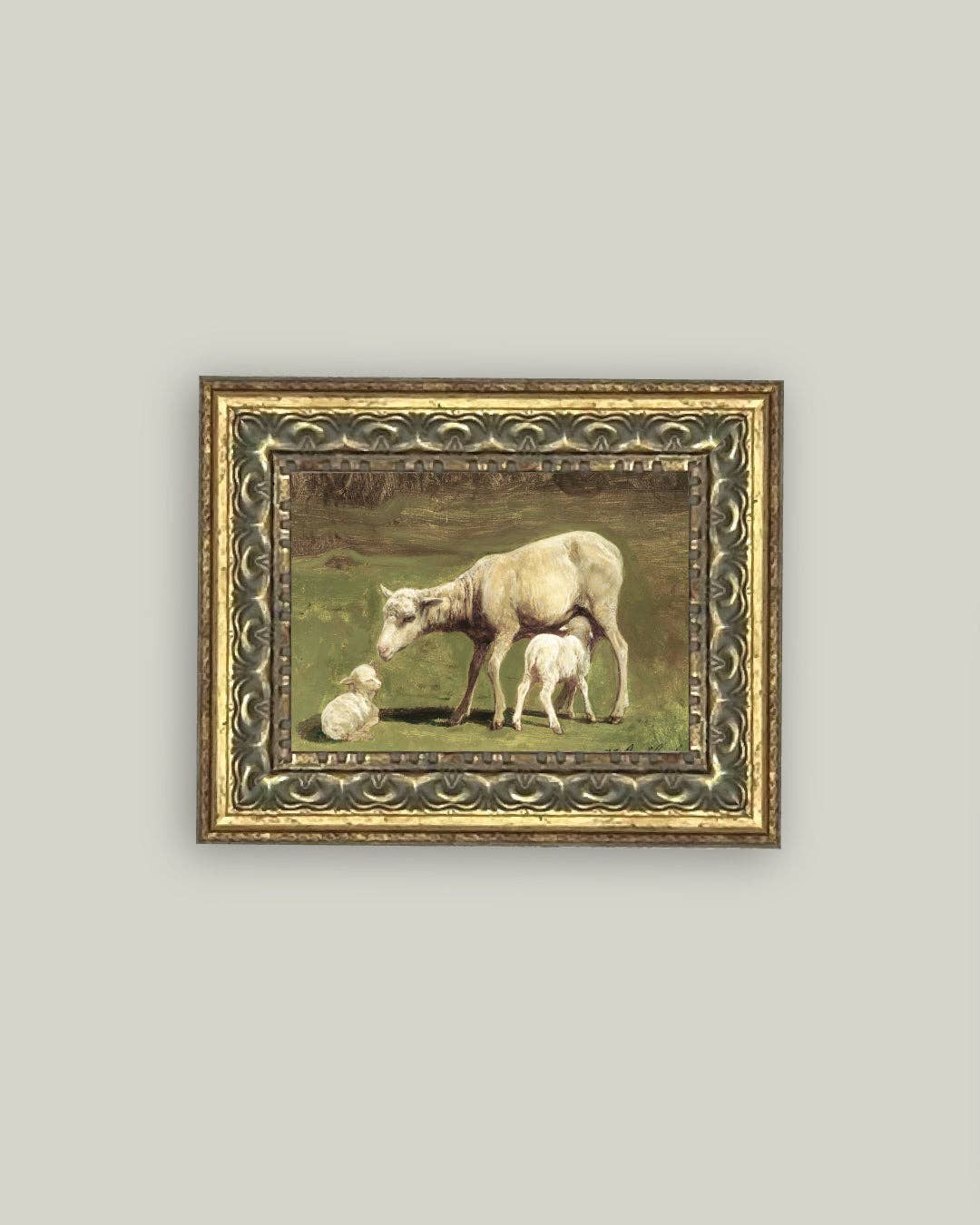 Ewe and Two Lambs Framed Antique Art: 7x5