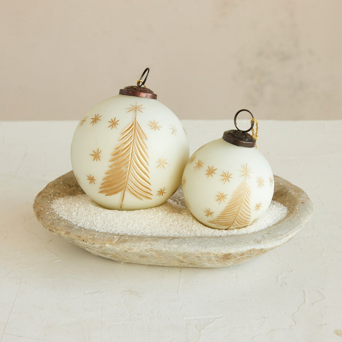 Hand-Painted Glass Ball Ornament with Etched Trees & Stars