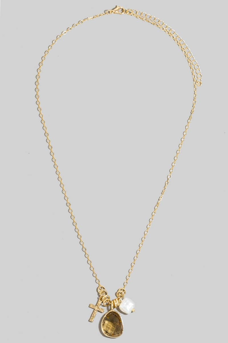 Pearl Cross And Gem Charms Chain Necklace: Gold