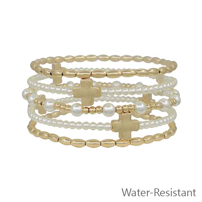 Set of 5 Pearl with Gold Balls and Gold Cross Stretch Bracelets