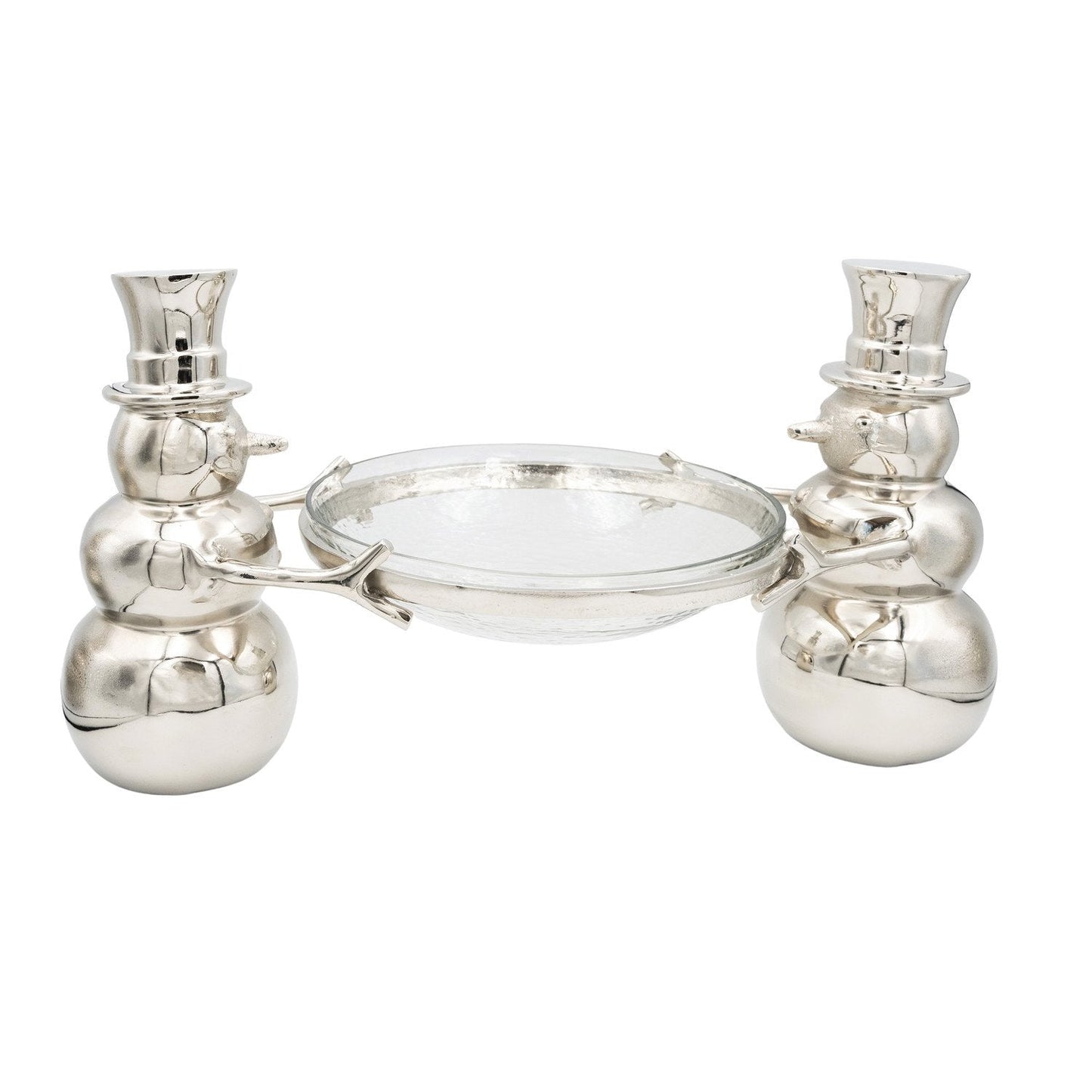 Cast Aluminum Snowmen Holding Hammered Glass Bowl