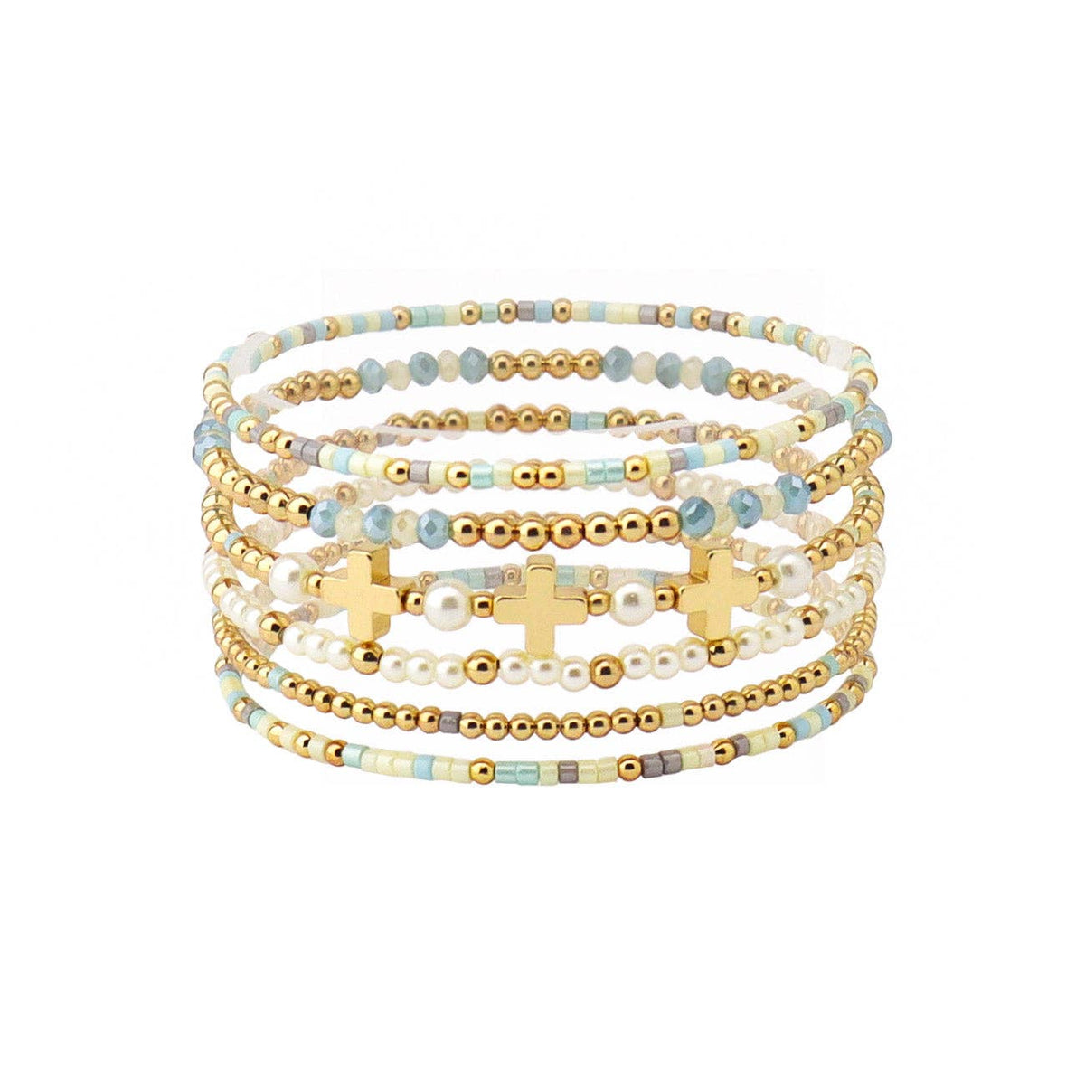 Set of 5 Gold Beaded with Turquoise Seed Bead and Gold Cross Stretch Bracelets
