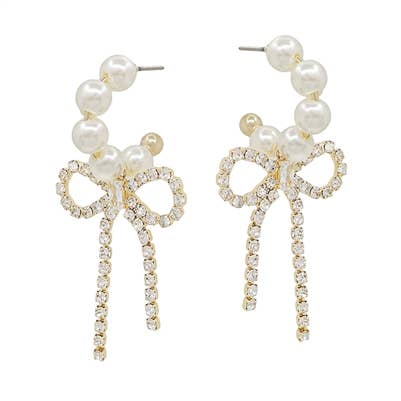 Pearl Hoop with Gold Rhinestone Bow 1.5" Earring