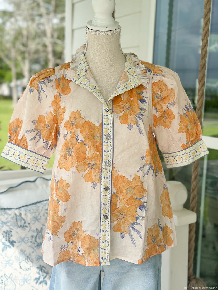 Chic Yellow Floral Puff Sleeve Top
