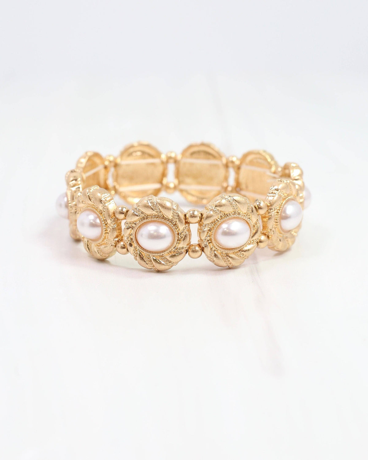 Pressley Pearl Stretch Bracelet Worn Gold