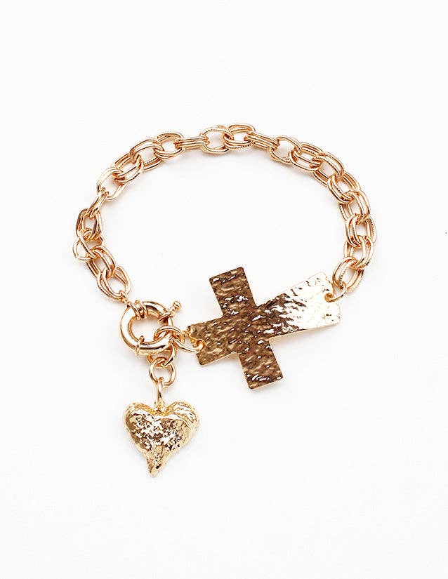 Gold Hammered Cross and Gold Heart Charm Toggle