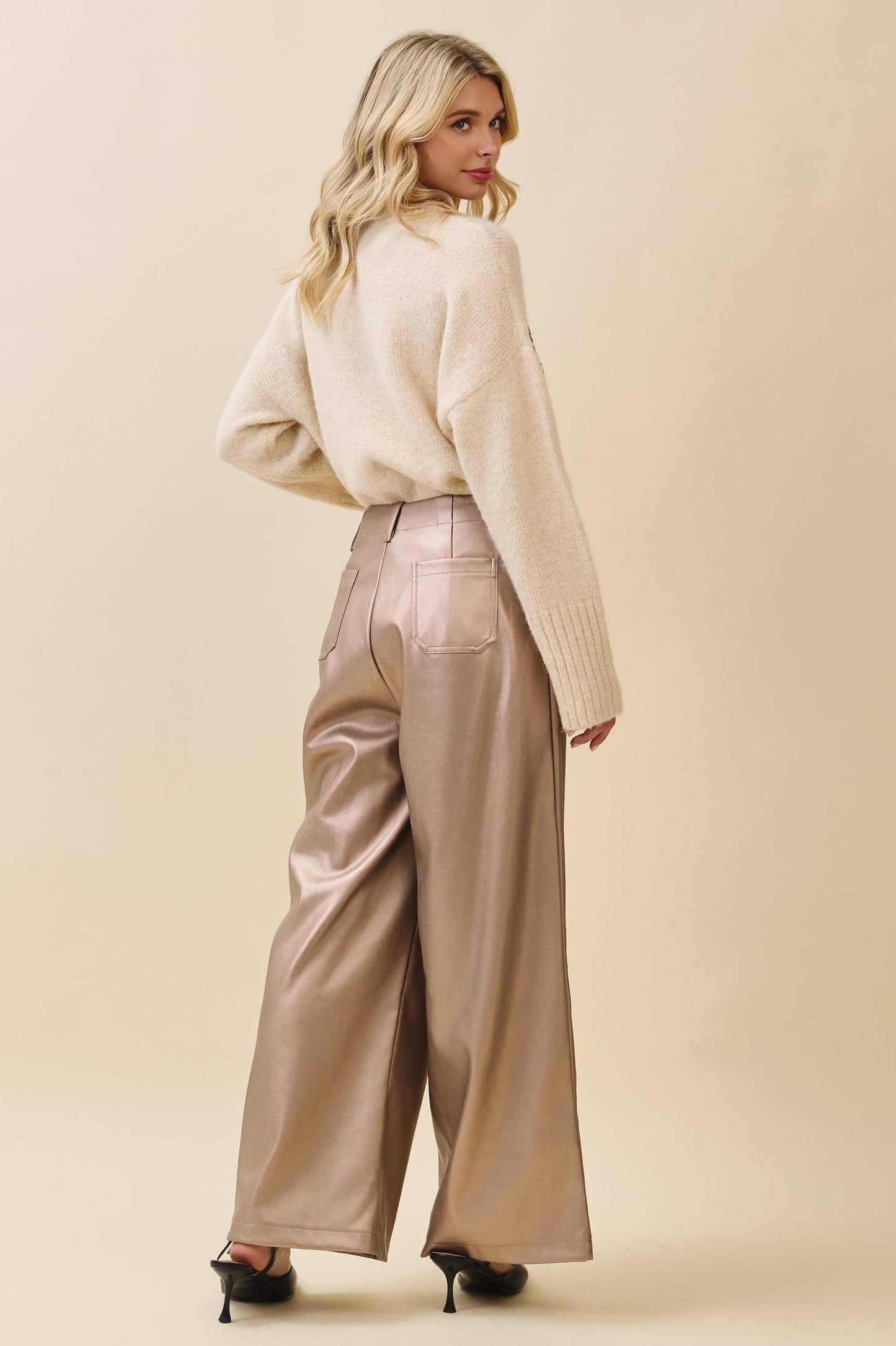 Metallic Wide-Leg Faux Leather Pants | Metallic Taupe