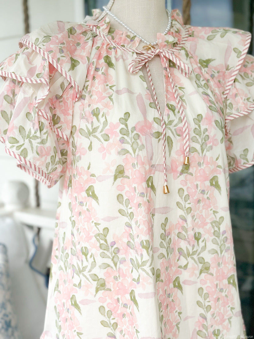 Pink Floral print triple layer ruffle Dress