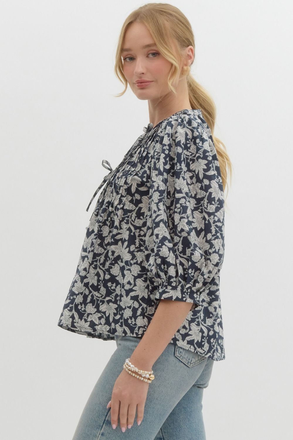 Navy & White Floral Print Top