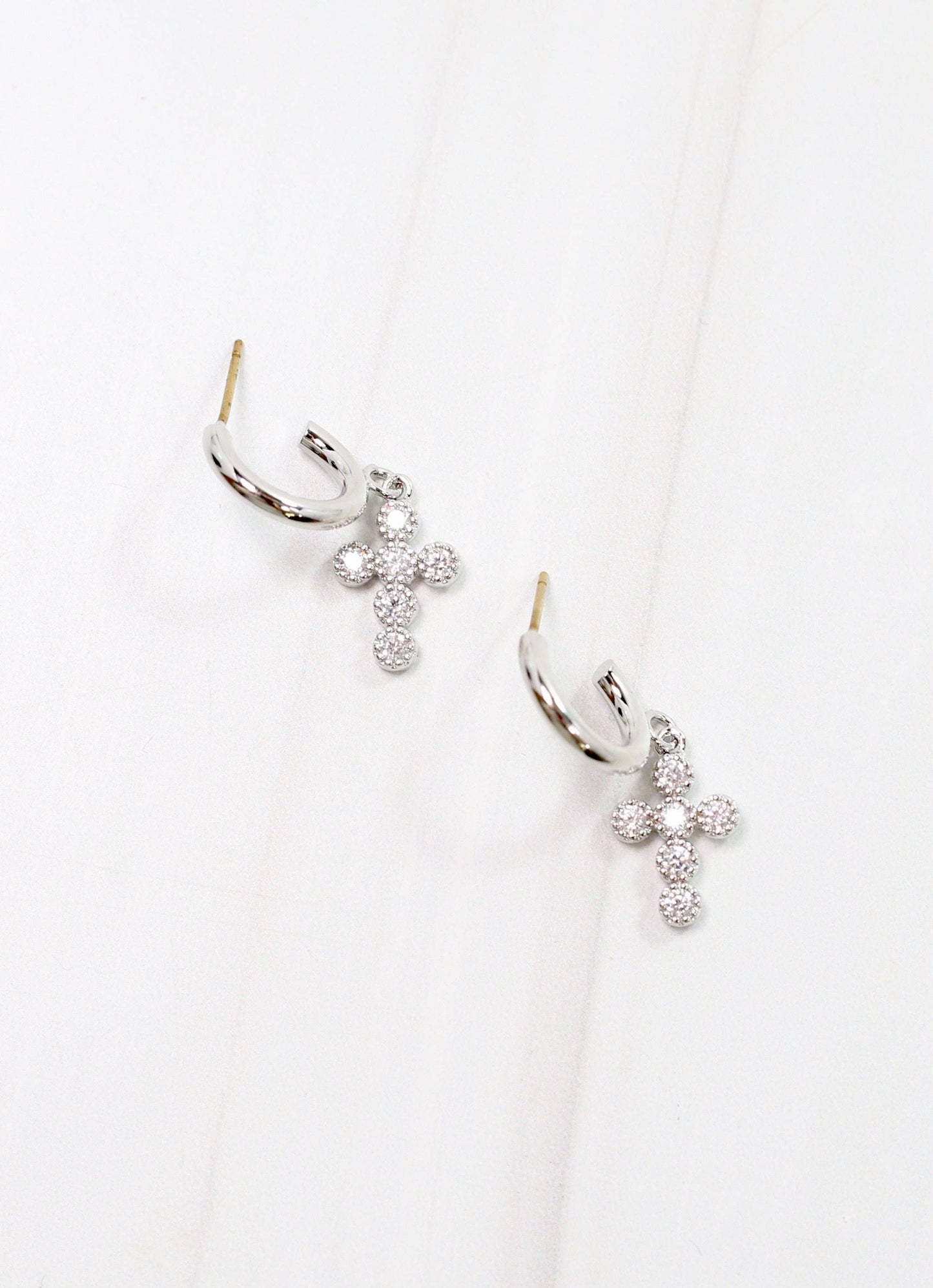 Camellia CZ Cross Hoop Earring Silver