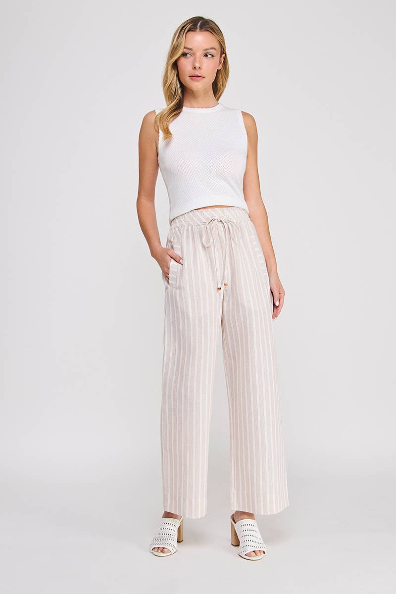 Striped Woven Smock Tie Waist Wide Leg Pants: Sand, S
