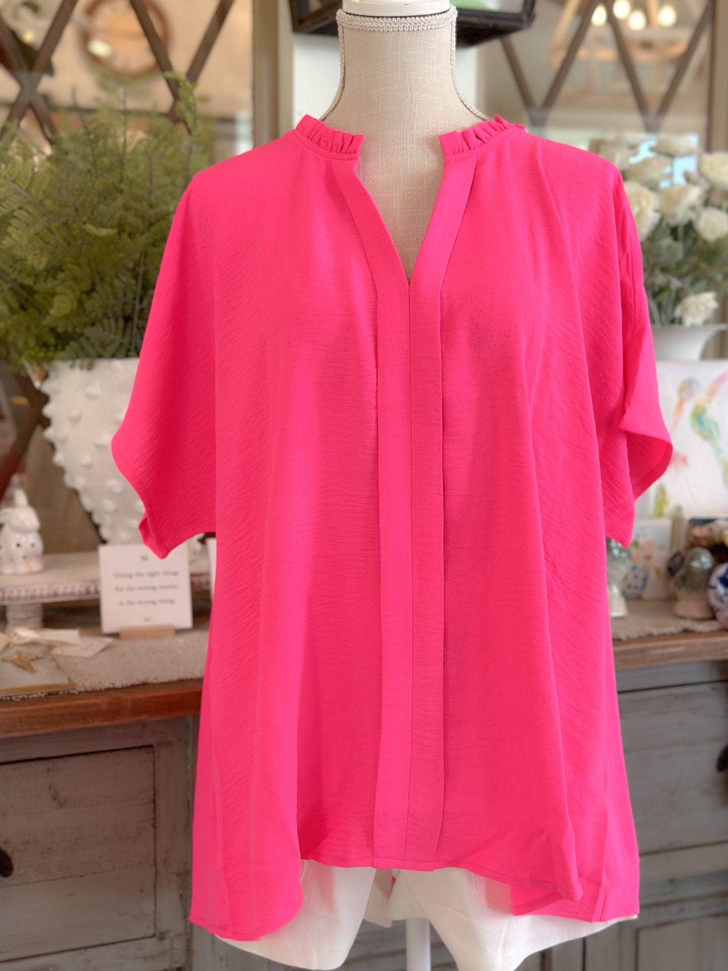 Hot Pink-Solid Short Dolman Sleeves Top