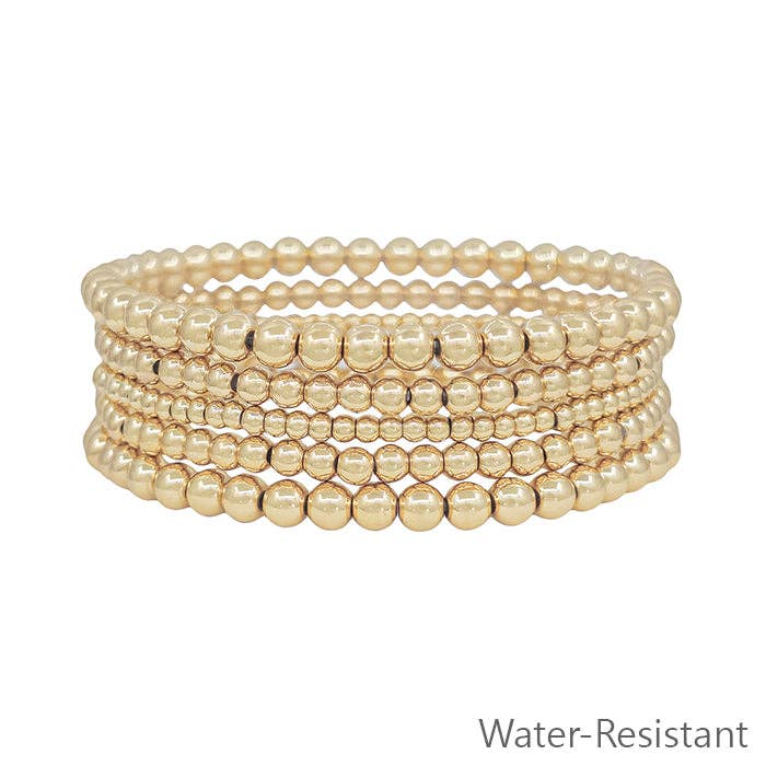 Water Resistant Gold Graduated Beaded Set of 5 Stretch Bracelets