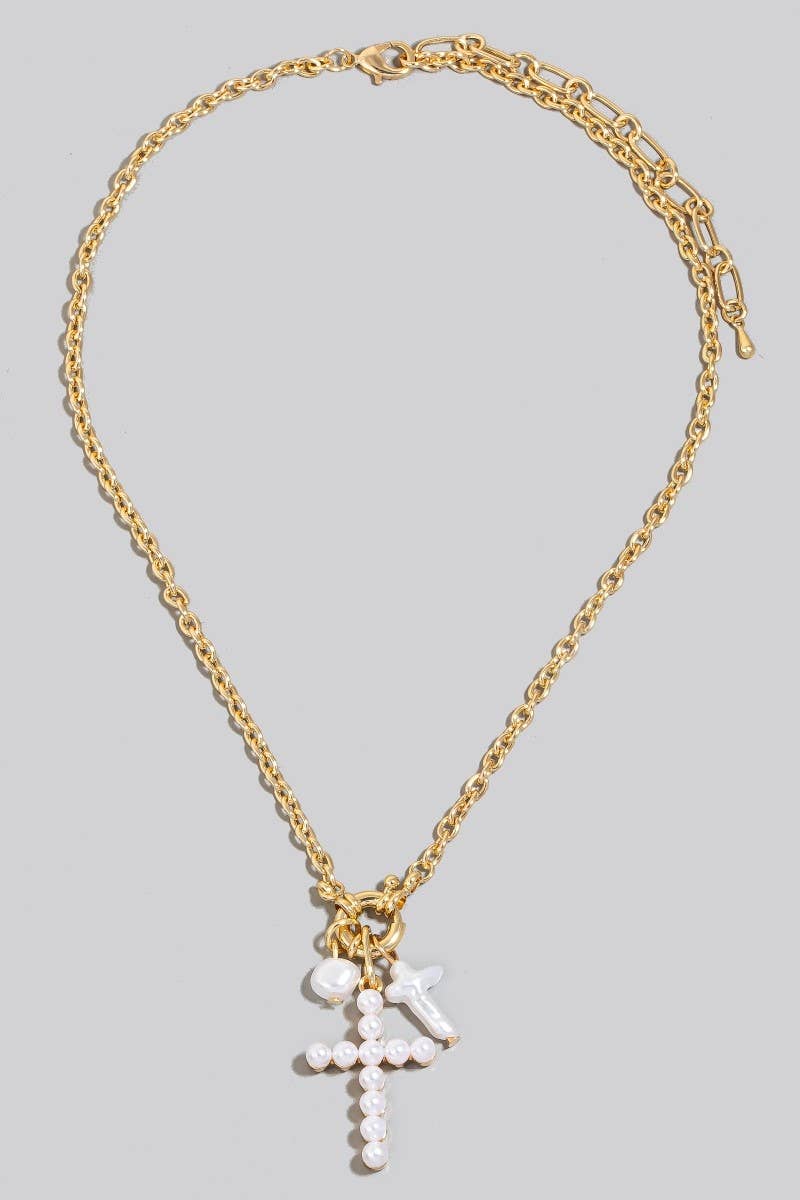 Pearl And Pearl Studded Cross Charms Necklace: GD