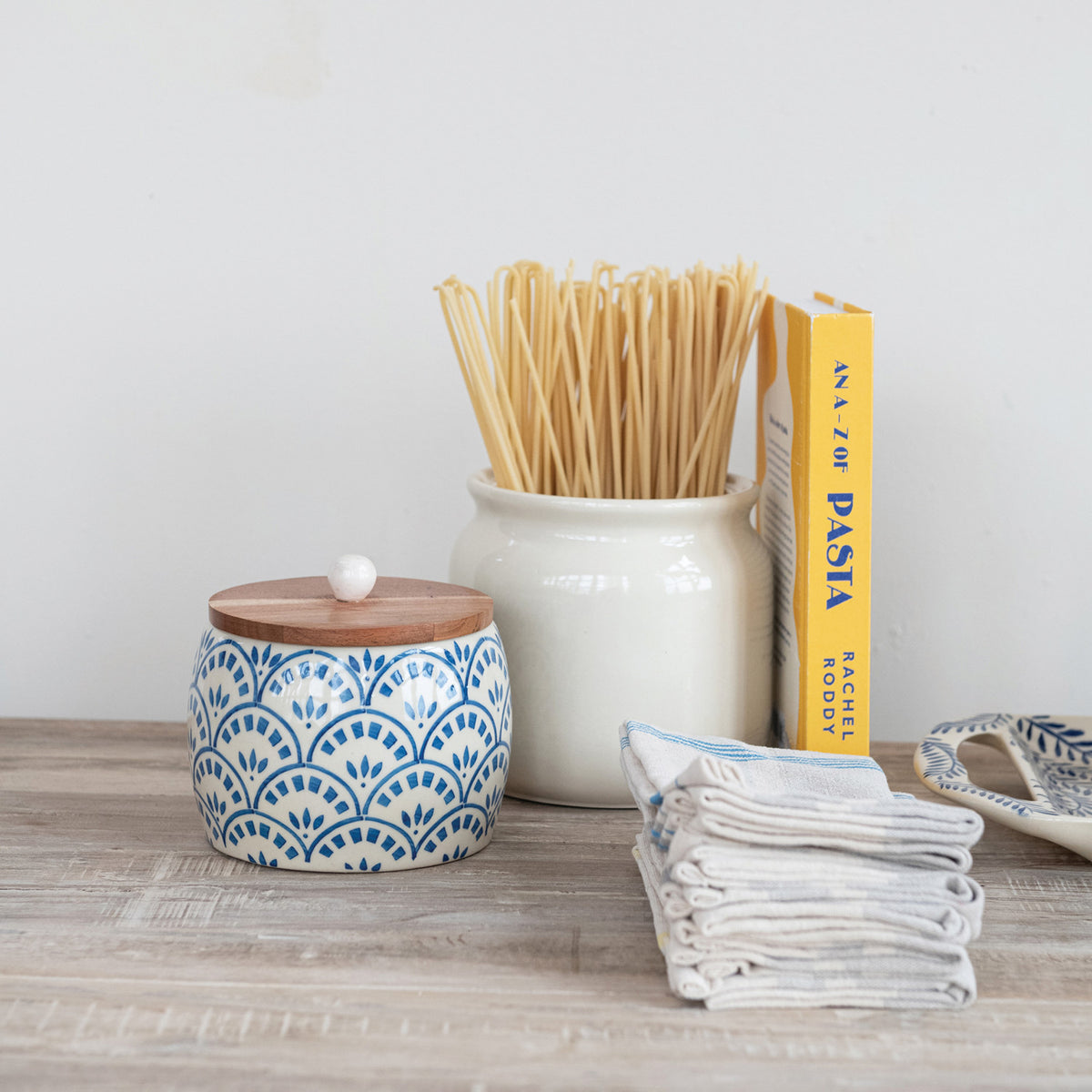Stoneware Canister with Acacia Wood Lid, Ivory Color & Natural
