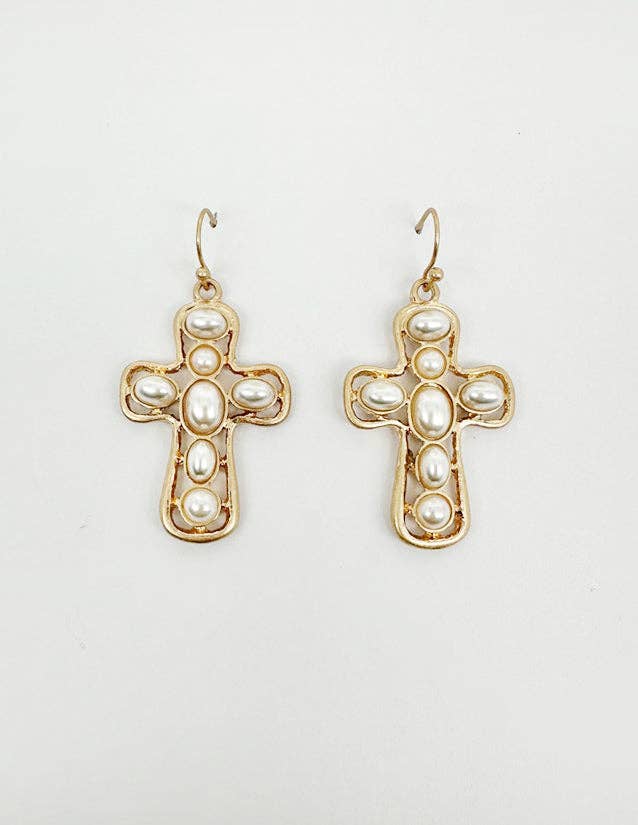 Gold Cross Earring with Pearl Studded 1.5" Earring