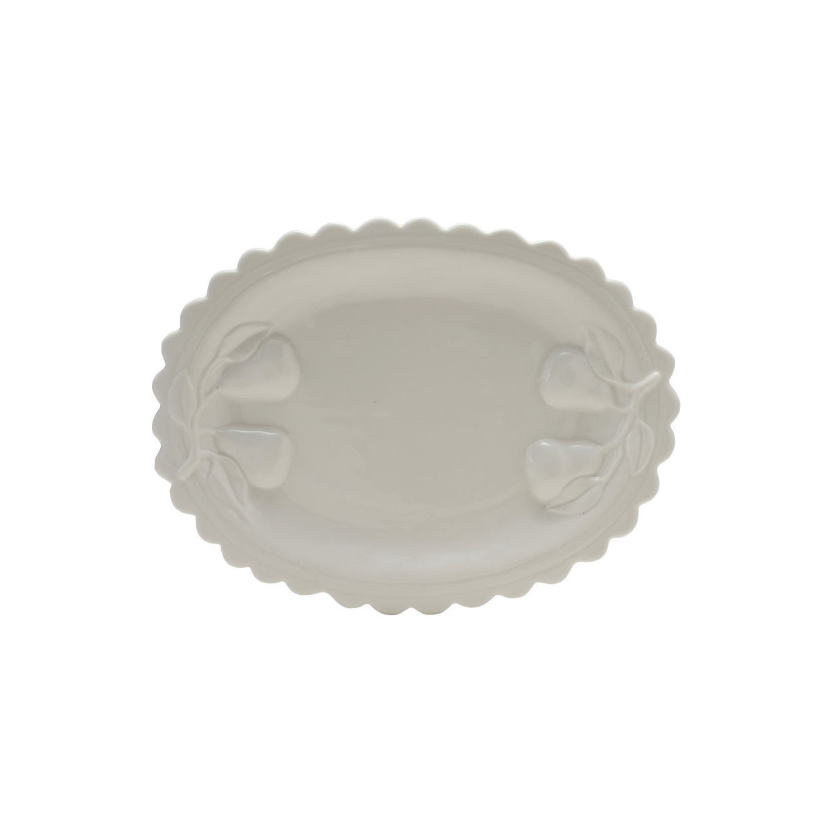 Stoneware Scalloped Platter with Embossed Pears, White