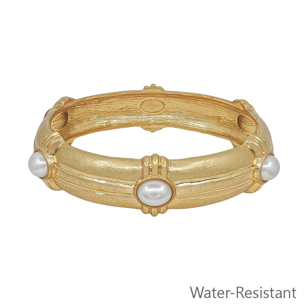 Water Resistant Gold Hammered Elegant 16MM Wide with Pearl Accents Bangle