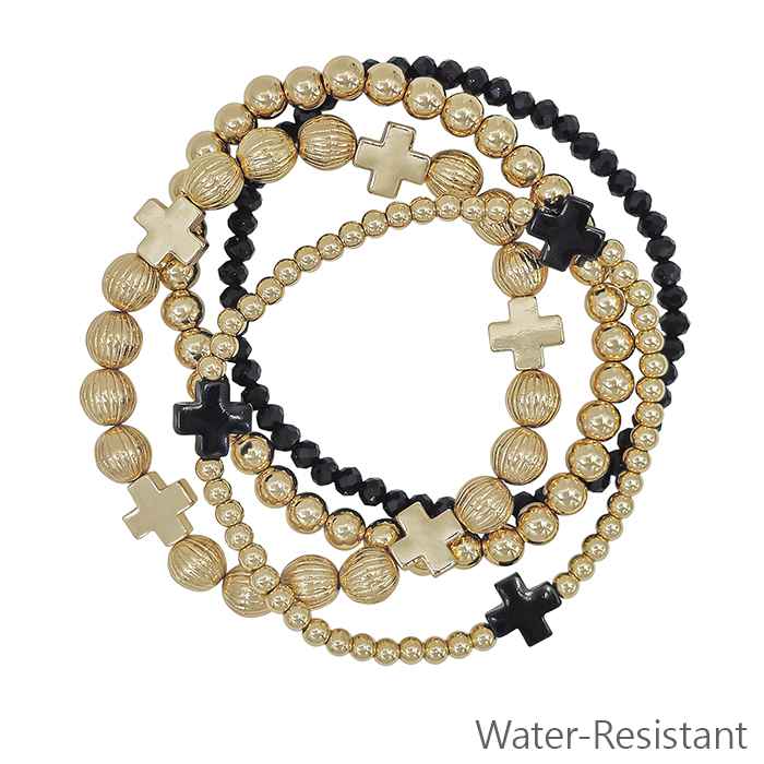 Gold Cross with Black Cross and Crystal Stretch Bracelets - Gold