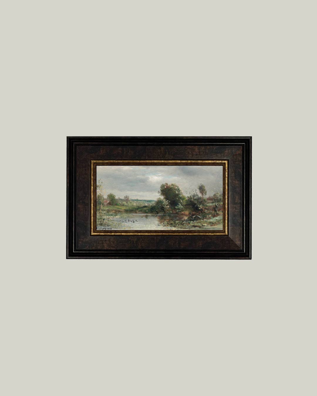 Ducklings on a Lake Framed Antique Art: 32x18
