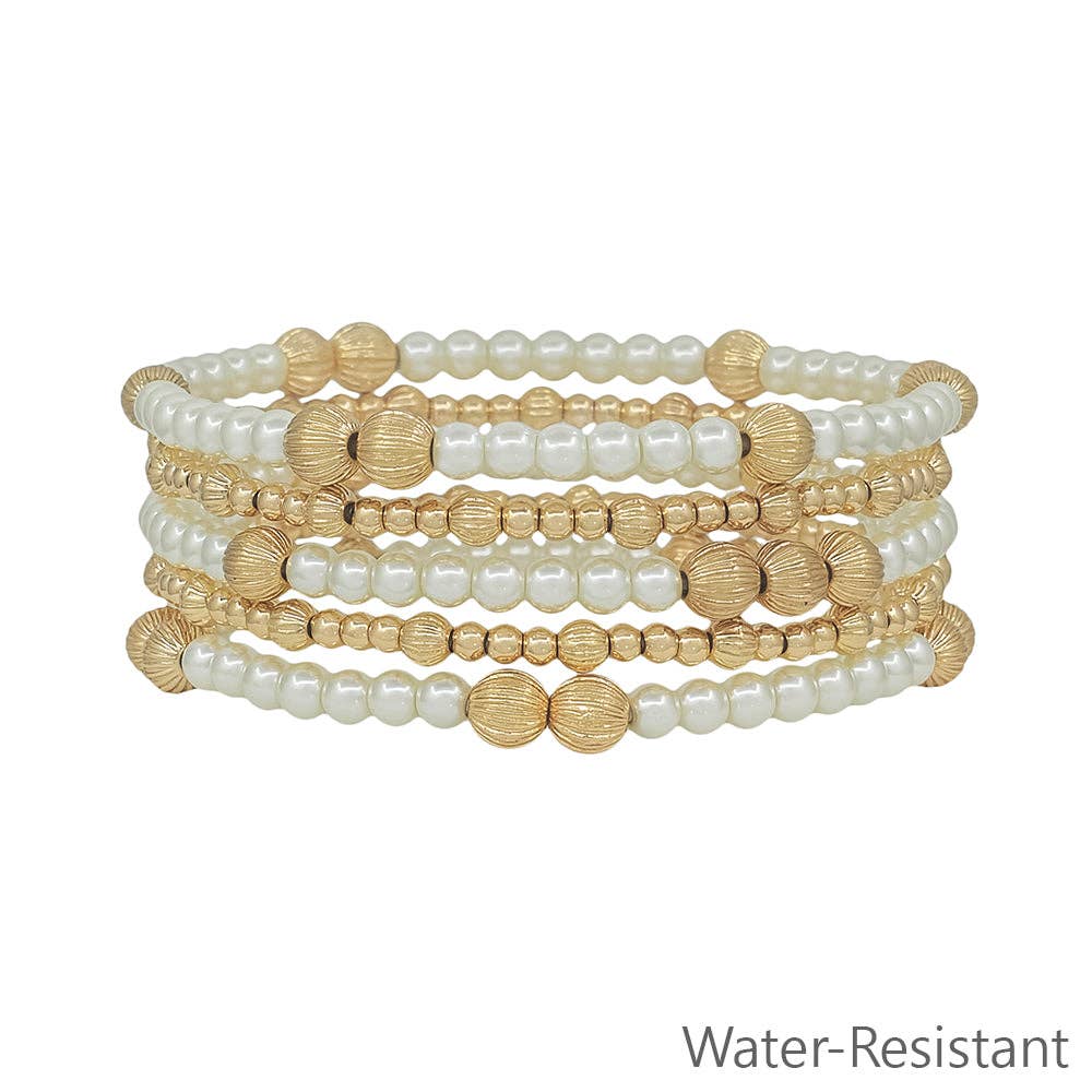Water Resistant Gold Beaded and Pearl Set of 5 Stretch Bracelets