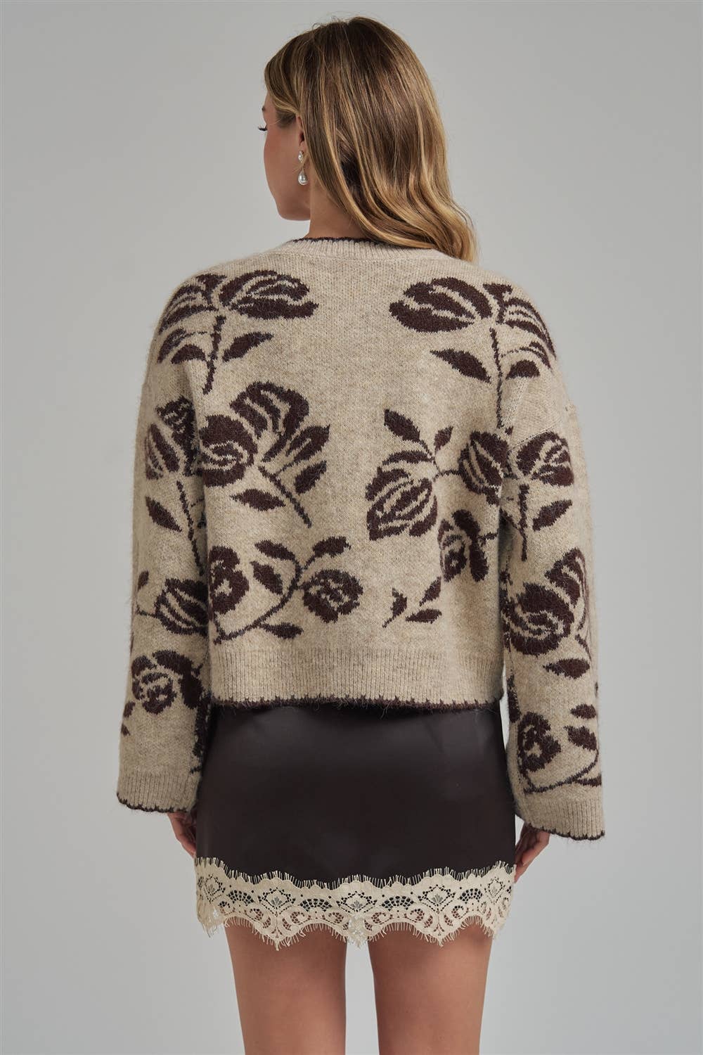 FLORAL BOTANICAL PATTERN INSPIRED SOFT SWEATER FALL CARDIGAN: OATMEAL/MOCHA, S-M-L(2-2-2)