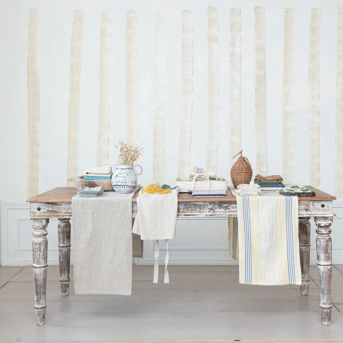 Cotton Table Runner w/ Embroidered Flowers, Natural & White