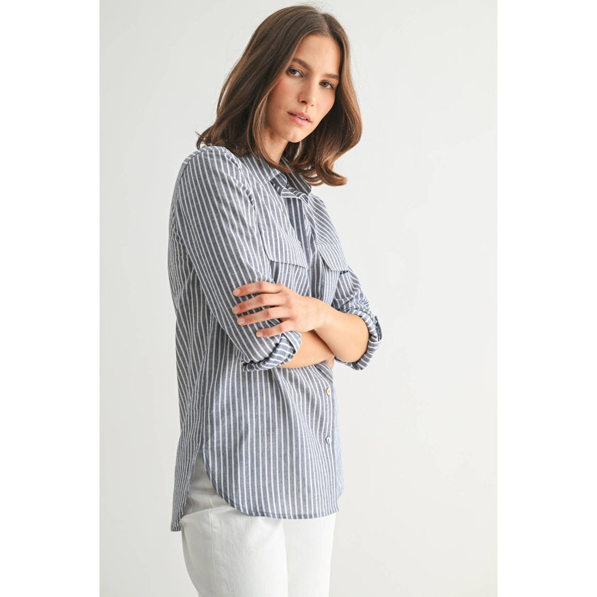 STRIPE 2POCKET SHIRTS: Navy, S-M-L(2-2-2)
