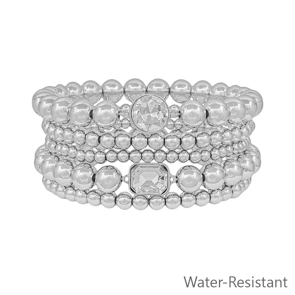 Water Resistant Silver Set of 6 Beaded Stretch Bracelets with Rhinestone Accents