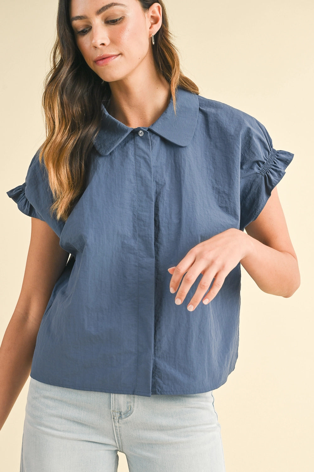 Round Collar Button Down Poplin Shirt