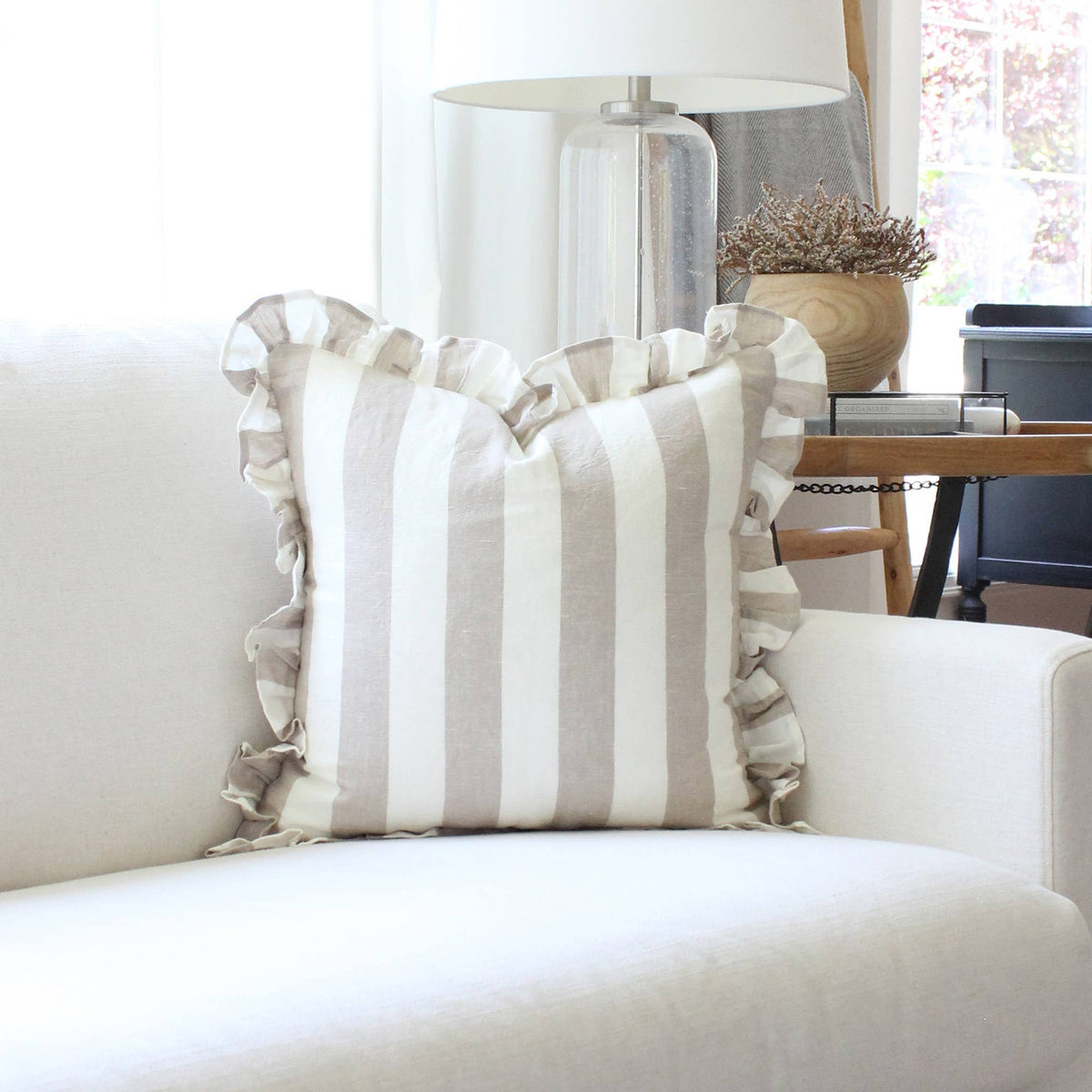Ruffled Cabana Stripe Pillow Cover Collection: Tan
