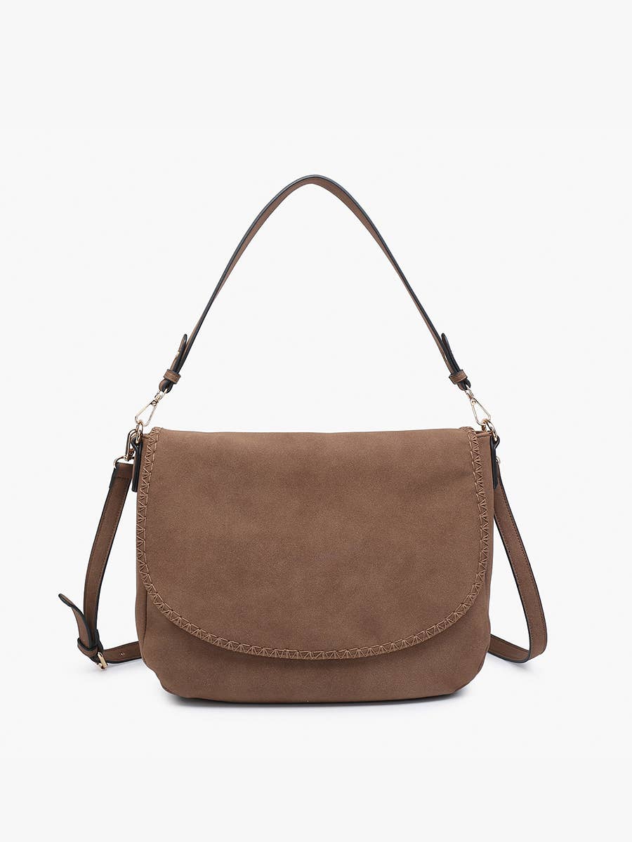 Jess Faux Suede Satchel w/ Whipstitch Flapover: Chocolate