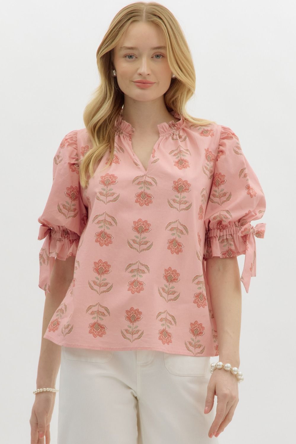 Salmon Floral Print Ruffle neck Top